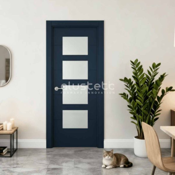 Puerta interior de aluminio modelo Girona en color azul zafiro ral 5003, fresada con 4 líneas horizontales y cuatro vidrios pequeños, con diseño moderno y elegante para interiores.