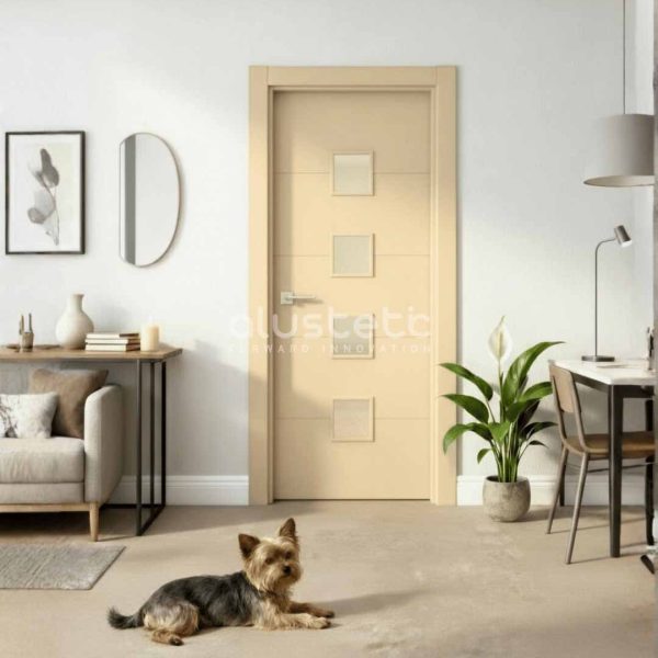 Puerta interior de aluminio modelo Córdoba, color marfil claro ral 1015, fresada con 4 líneas horizontales y cuatro vidrios pequeños, diseño moderno para hogares y oficinas.