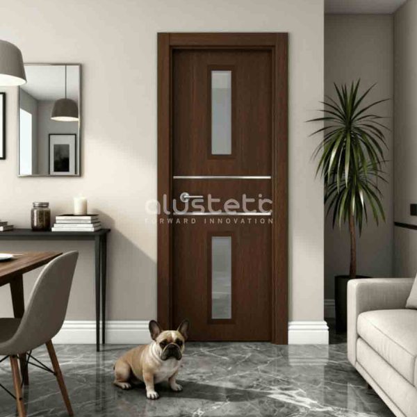 Puerta interior de aluminio modelo Castellón en color nogal oscuro con dos vidrios verticales e incrustaciones decorativas, moderna y resistente para interiores actuales.
