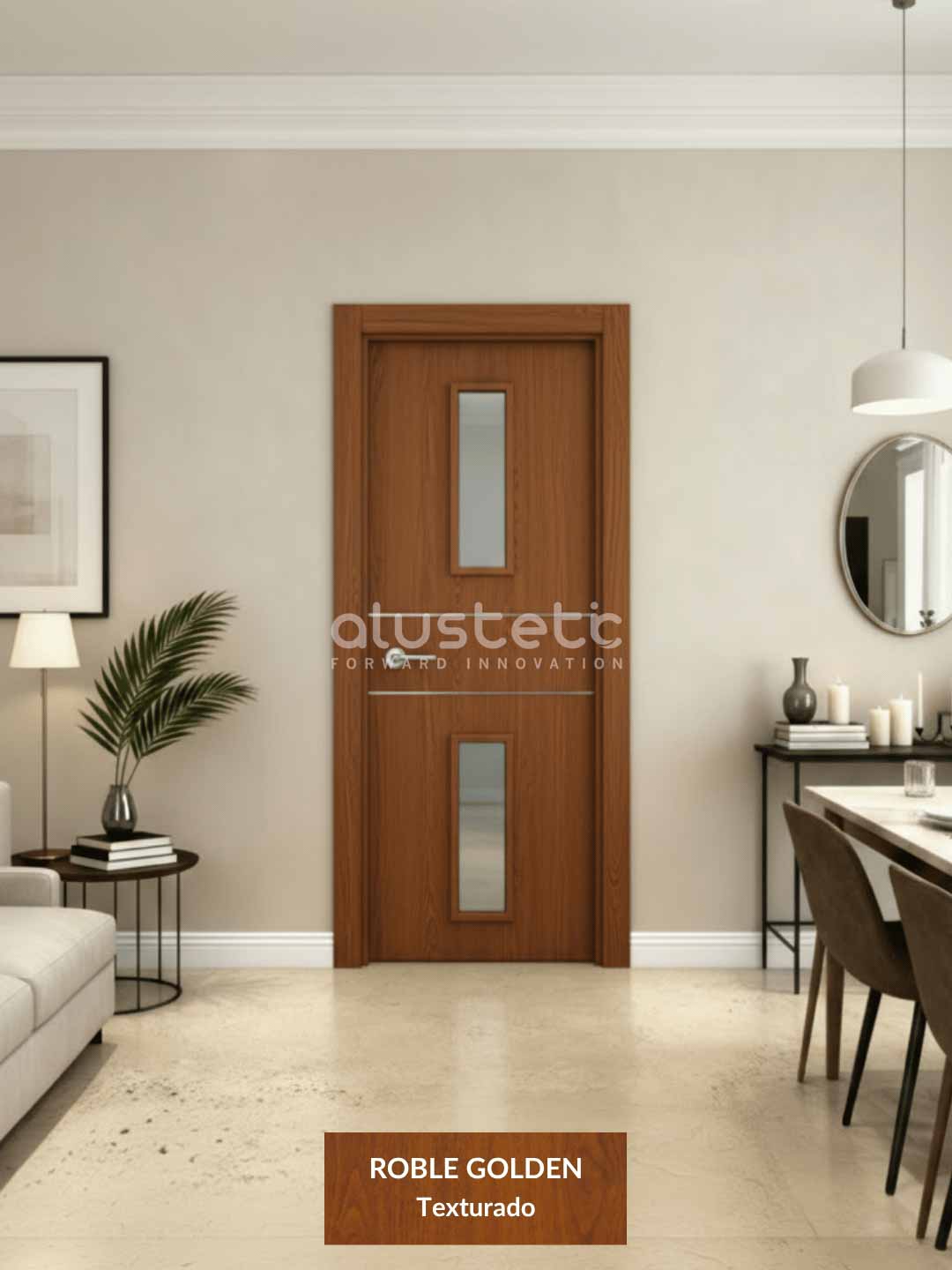 Puerta Interior de Aluminio modelo Castellón acabado roble golden con vidrio