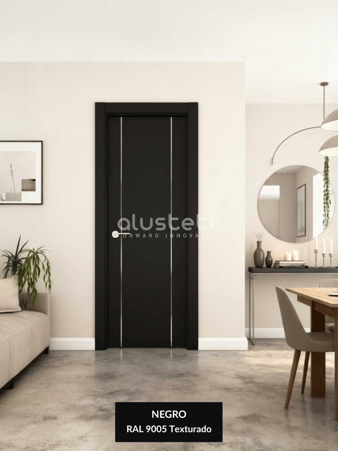 Puerta de interior modelo Almería negra con dos incrustaciones verticales plata
