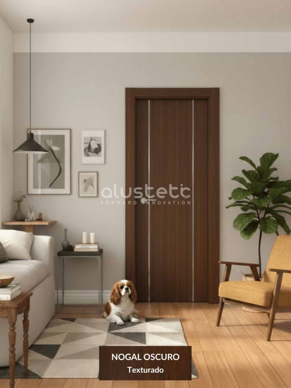 Puerta interior de aluminio modelo Almería en acabado nogal oscuro