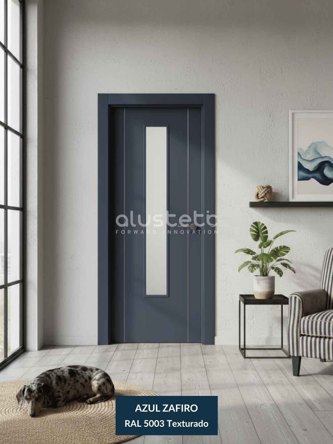 Puerta interior de aluminio modelo Granada color azul zafiro con vidrio alargado e incrustaciones decorativas. Puerta interior de aluminio modelo Granada en color azul zafiro con vidrio alargado e incrustaciones decorativas, moderna y resistente para interiores actuales.