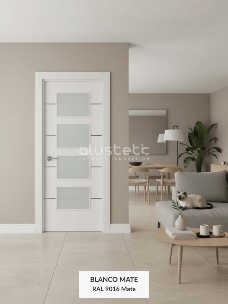 Puerta interior de aluminio modelo Barcelona en color blanco mate con cuatro vidrios e incrustaciones decorativas, moderna y resistente para interiores actuales.