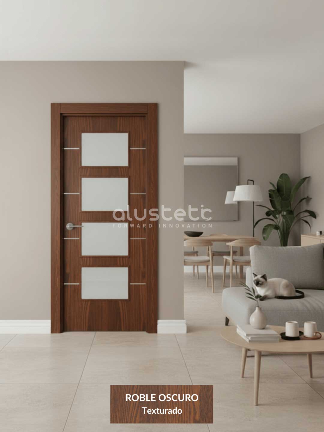 Puerta interior modelo Barcelona con cuatro incrustaciones horizontales, vidrio y acabado roble oscuro