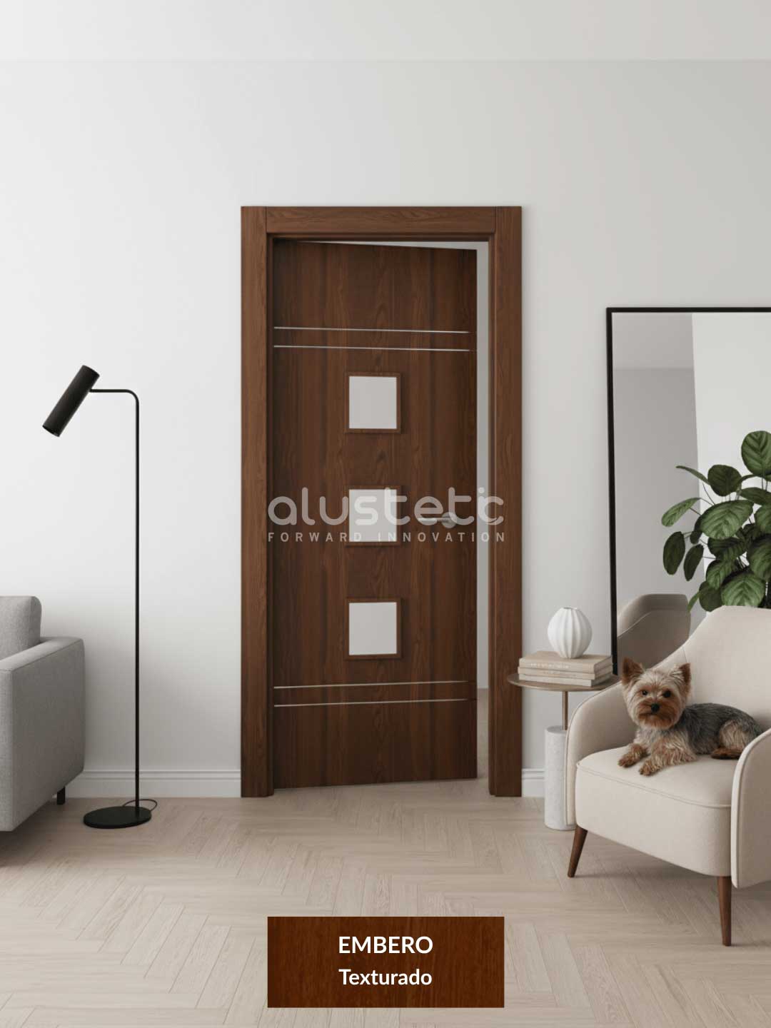 Puerta interior aluminio Soria embero 3 vidrios con incrustaciones. Puerta interior de aluminio modelo Soria en acabado embero con 3 vidrios e incrustaciones decorativas, elegante y resistente para interiores modernos.