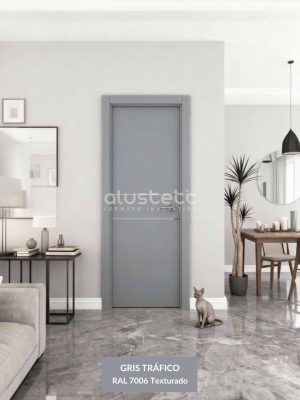 Puerta interior de aluminio modelo Alicante, color gris tráfico, con incrustaciones decorativas, diseño moderno para hogares y oficinas.