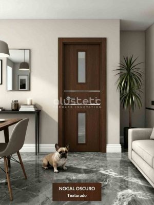Puerta interior de aluminio modelo Castellón en color nogal oscuro con dos vidrios verticales e incrustaciones decorativas, moderna y resistente para interiores actuales.
