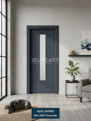 Puerta interior de aluminio modelo Granada en color azul zafiro con vidrio alargado e incrustaciones decorativas, moderna y resistente para interiores actuales.