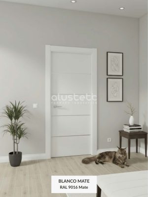 Puerta interior de aluminio modelo Albacete en color blanco mate con incrustaciones decorativas, moderna y resistente para interiores actuales.