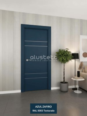 Puerta interior de aluminio modelo León en color azul zafiro, moderna y resistente para interiores.